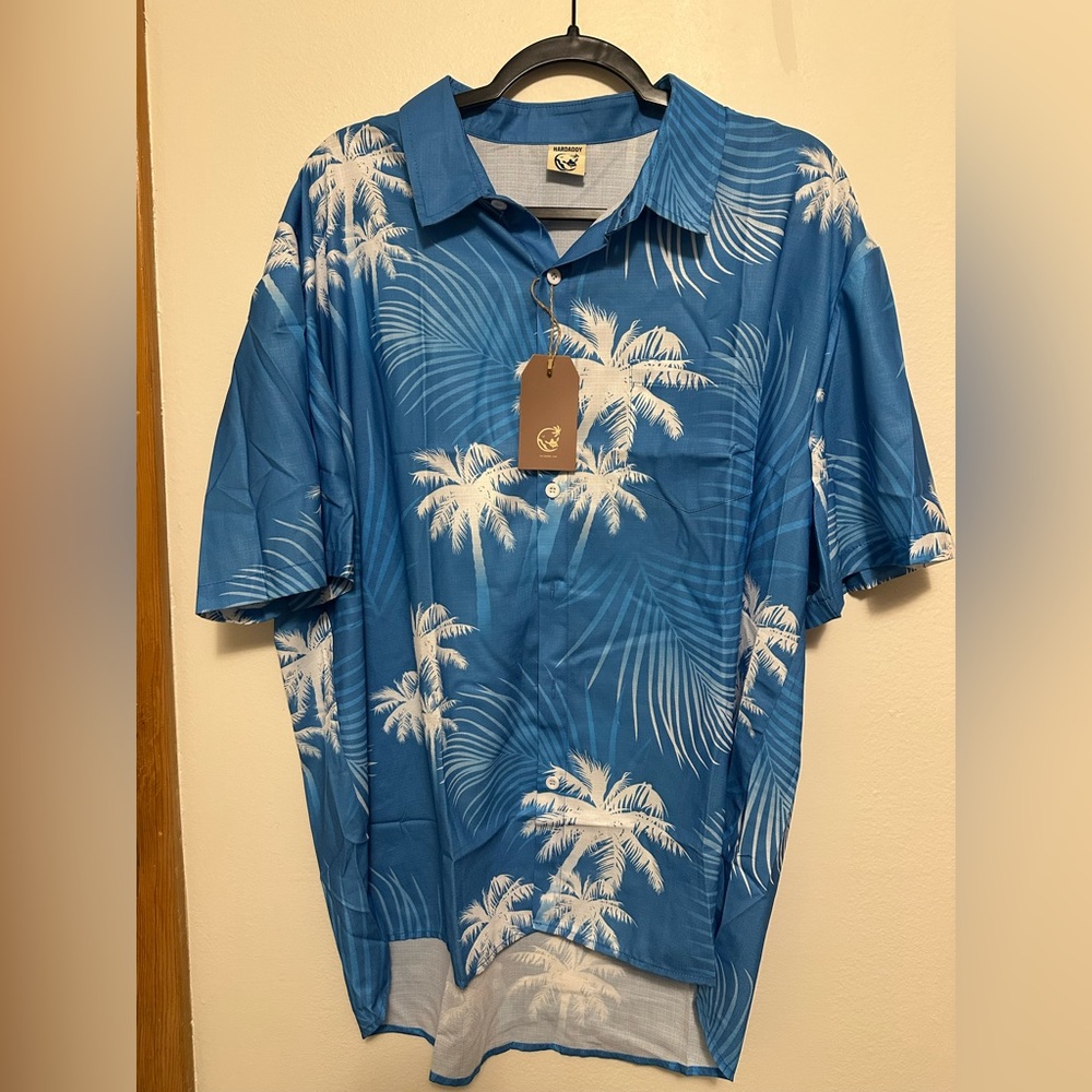 Hardaddy Men's XL Blue Palm Tree Hawaiian Button Up Shirt
